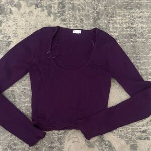 Garage Ribbed Scoop Neck Long Sleeve Top - Deep Plum